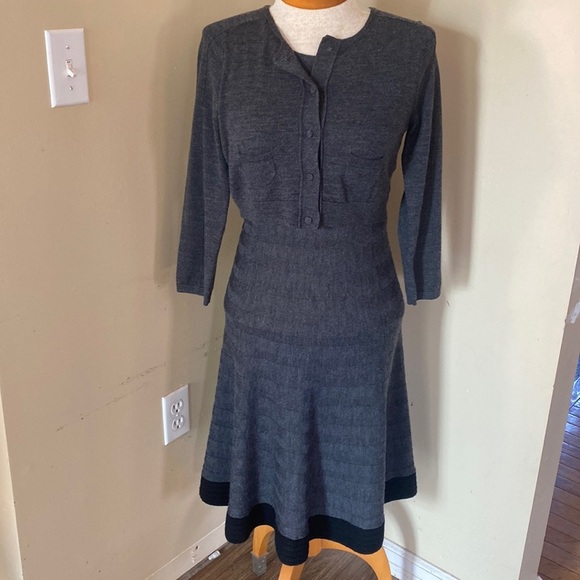 Paule KA laine 100% wool midi fit & flare cardigan dress. Crochet hem minimalist - Picture 1 of 9